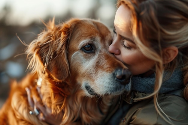 Une charmante femme caresse affectueusement un majestueux chien Golden Retriever