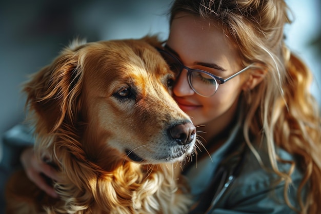 Une charmante femme caresse affectueusement un majestueux chien Golden Retriever