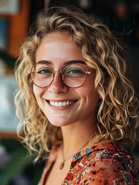 Une charmante femme uruguayenne blonde avec des lunettes à l'extérieur qui a l'air joyeuse