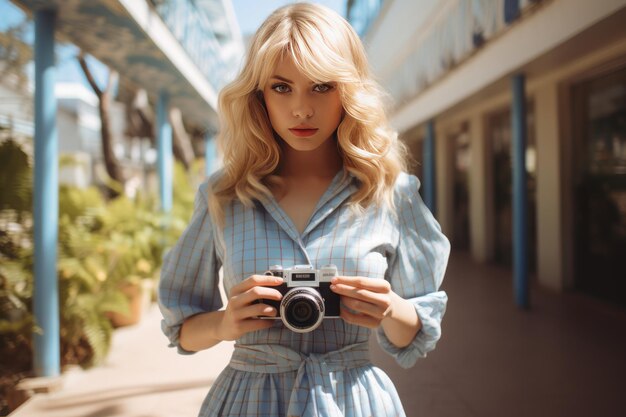 Une charmante fille blonde dans une robe à carreaux bleu et blanc capturant les souvenirs du jour