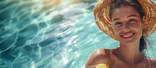 Charmante jolie femme heureuse sur une bannière avec la surface de l'eau d'une piscine ou de la mer été pour les vacances