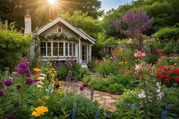 Charmante maison de jardin avec des parterres de fleurs vibrants