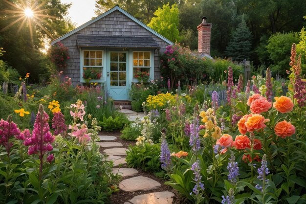 Charmante maison de jardin avec des parterres de fleurs vibrants