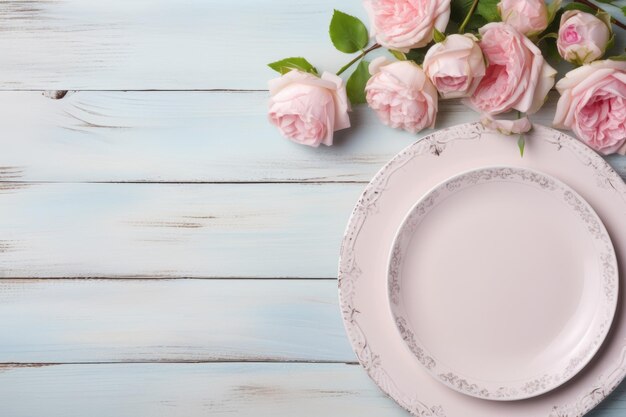 Photo charmante mise à table délicate vaisselle pastel vintage vaisselle d'argent et élégantes roses roses sur un r