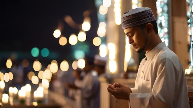 La charmante mosquée du soir d'Idul Adha ornée de lumières brillantes pendant la prière