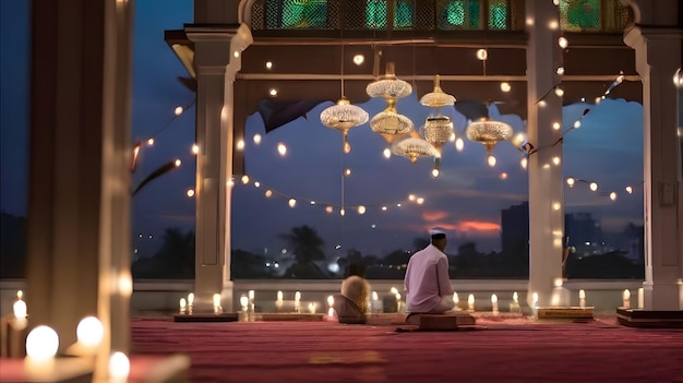 La charmante mosquée du soir d'Idul Adha ornée de lumières brillantes pendant la prière