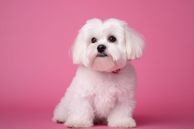 Charmante petite séance photo de chien de poche maltais en studio sur fond rose