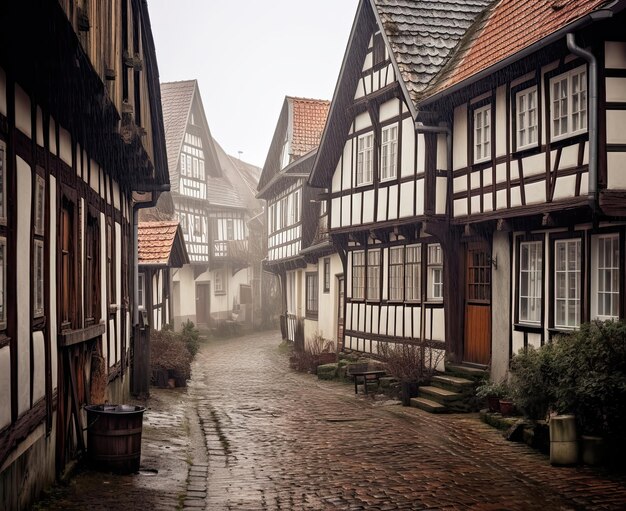 Une charmante rue bordée de bâtiments à charpente de bois