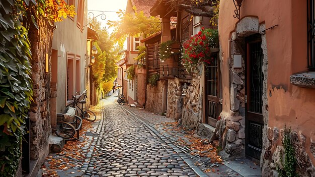 Une charmante rue étroite avec un trottoir de pavés et de vieilles maisons colorées à l'automne
