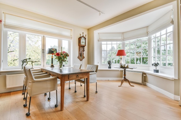 Charmante salle à manger avec une table en bois solide