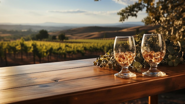 Charmante table en bois avec un verre de vin sur une surface floue