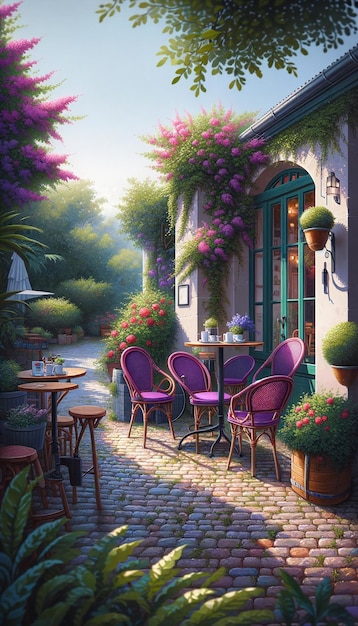 La charmante terrasse du café avec des fleurs en fleurs