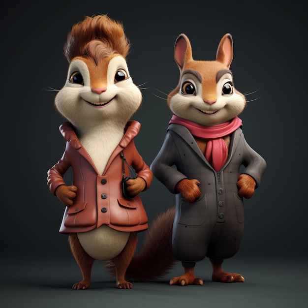 Charmants écureuils d'animation dans des costumes élégants Un film 3D hyperréaliste