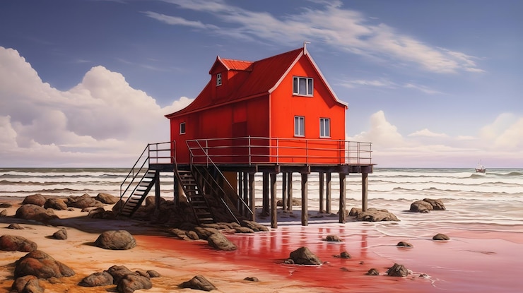 Photo le charme de la côte une maison de plage rouge vibrante nichée au bord de l'océan
