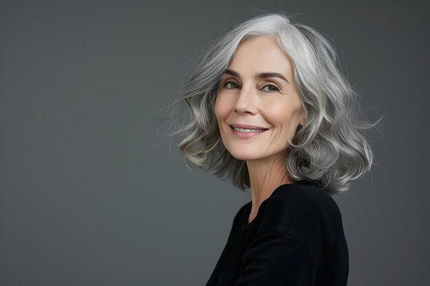 Photo le charme éternel, la beauté aux cheveux gris, le bonheur rayonnant.