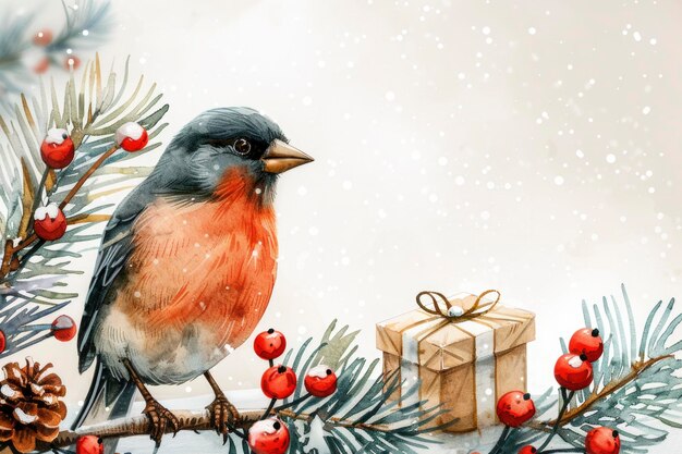 Charme d'hiver Oiseau vibrant avec des flocons de neige et des baies Branches de pin et scène de boîte à cadeaux