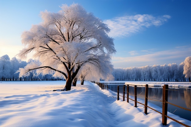 Photo charme hivernal de la nature, vue panoramique sur les arbres majestueux enneigés