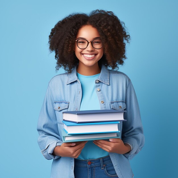 Charme intellectuel Fille afro-américaine souriante avec une ambiance intelligente et nerd