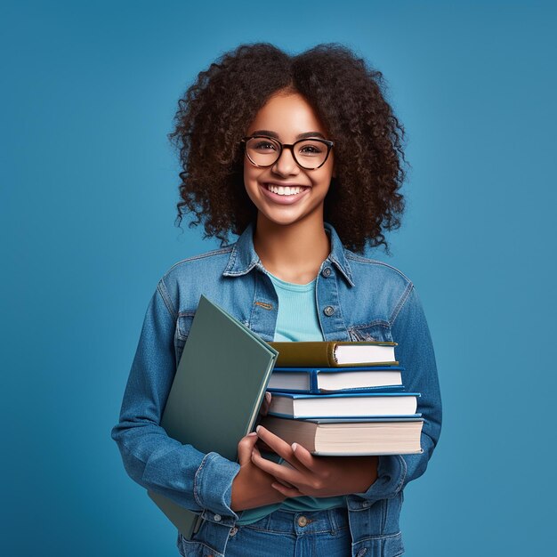 Charme intellectuel Fille afro-américaine souriante avec une ambiance intelligente et nerd