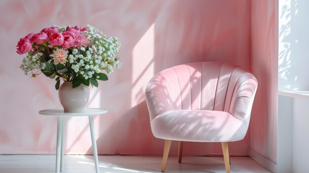 Charme intérieur moderne avec chaise en velours et bouquet sur table blanche