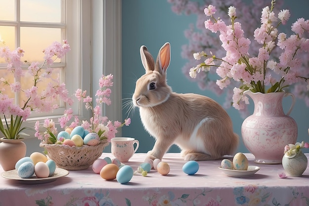 Le charme de Pâques Le lever du soleil serein Les lapins ludiques et les fleurs pastel Capturant la tradition familiale Art génératif d'IA