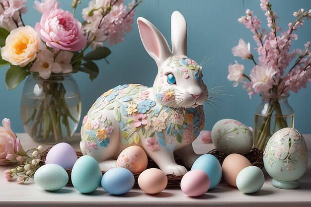 Le charme de Pâques Le lever du soleil serein Les lapins ludiques et les fleurs pastel Capturant la tradition familiale Art génératif d'IA