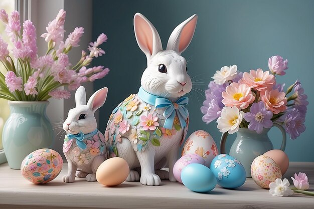 Le charme de Pâques Le lever du soleil serein Les lapins ludiques et les fleurs pastel Capturant la tradition familiale Art génératif d'IA