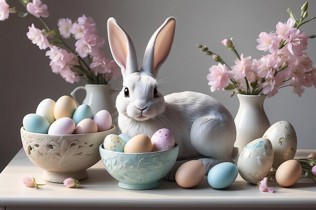 Le charme de Pâques Le lever du soleil serein Les lapins ludiques et les fleurs pastel Capturant la tradition familiale Art génératif d'IA