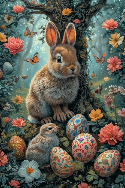 Le charme de Pâques un lever de soleil serein un lapin ludique ou une nature morte complexe Ornée de pastels de fleurs et d'œufs elle capture l'essence de la tradition familiale et des sources de beauté IA générative