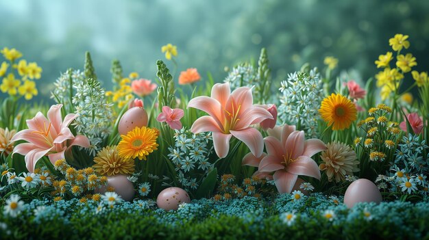 Le charme de Pâques un lever de soleil serein un lapin ludique ou une nature morte complexe Ornée de pastels de fleurs et d'œufs elle capture l'essence de la tradition familiale et des sources de beauté IA générative