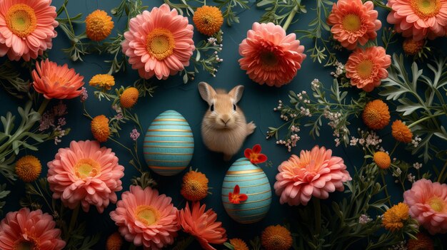 Le charme de Pâques un lever de soleil serein un lapin ludique ou une nature morte complexe Ornée de pastels de fleurs et d'œufs elle capture l'essence de la tradition familiale et des sources de beauté IA générative