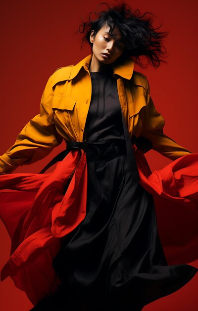 Charme radieux Jolie femme dans un manteau noir rouge et jaune vibrant