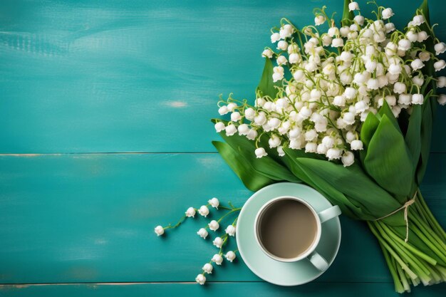 Photo charme rustique delicate lily of the valley bouquet ornant une tasse de café et des notes de bonsoir sur une