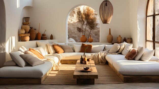 Le charme rustique rencontre le boho chic dans ce coin de salon confortable avec un canapé en bois naturel, de la lumière du soleil chaude et un décor artisanal.