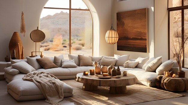 Le charme rustique rencontre le boho chic dans ce coin de salon confortable avec un canapé en bois naturel, de la lumière du soleil chaude et un décor artisanal.