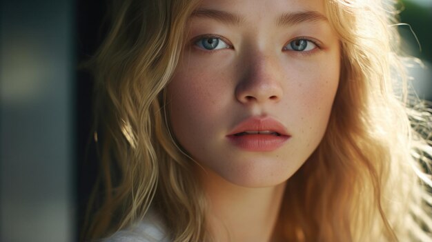 Le charme scandinave baisé par le soleil Vue rapprochée d'une femme blonde tachetée embrassant la beauté naturelle à la lumière du soleil