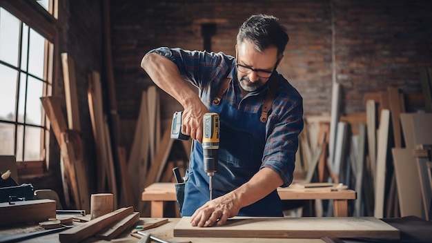 charpentier adulte moyen utilisant une perceuse tout en travaillant avec du bois dans un atelier