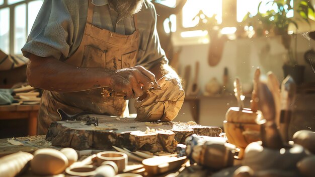 Photo un charpentier au travail dans son atelier. il porte un tablier et utilise un ciseau pour sculpter un morceau de bois.