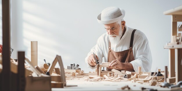 Un charpentier caucasien âgé à barbe blanche