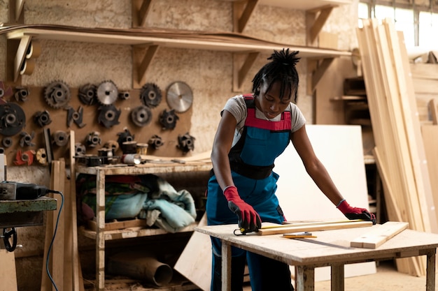 Photo charpentier coupant le panneau de forces de défense principale à l'intérieur de l'atelier