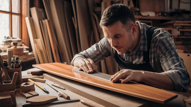 Un charpentier créatif vérifie la douceur du matériau en bois