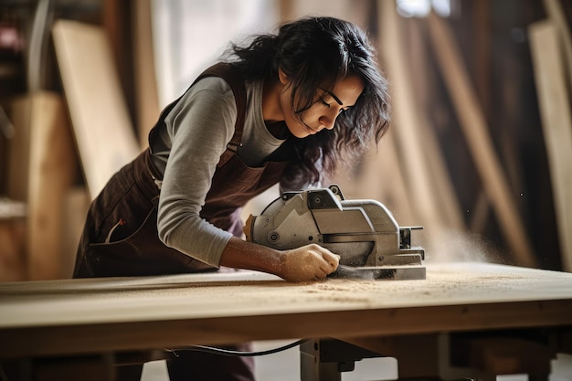 Charpentier féminin coupant une planche mdf à l'intérieur de l'atelier