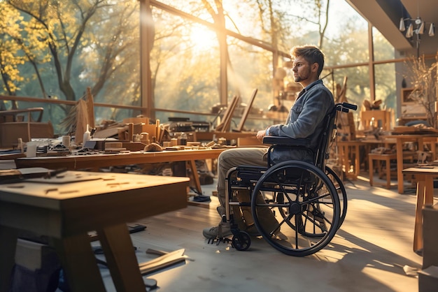 Un charpentier handicapé en fauteuil roulant travaille sur un morceau de bois dans un atelier de menuiserie