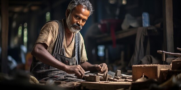 Un charpentier indien diligent sur un banc de travail