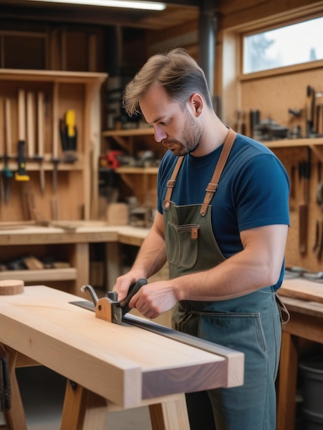 Photo charpentier masculin dans un atelier de travail du bois