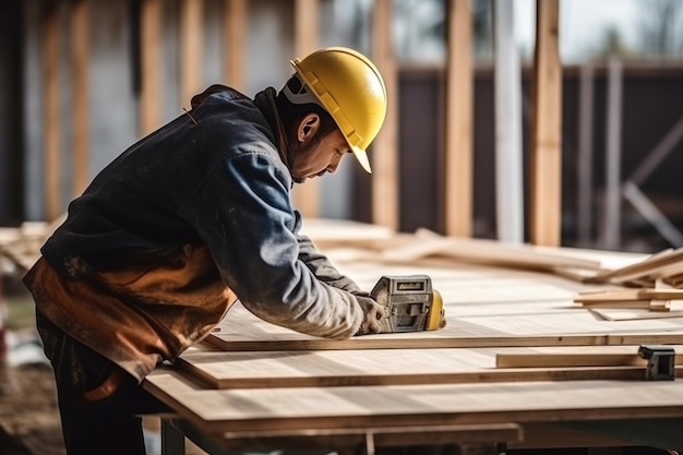 Charpentier ou ouvrier du bâtiment utilisant une scie circulaire pour couper des planches de bois travaillant sur un chantier de construction pour la construction d'une maison