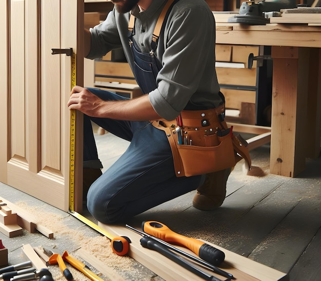 un charpentier qualifié est au milieu de l'installation de la porte dans un atelier lumineux et bien organisé