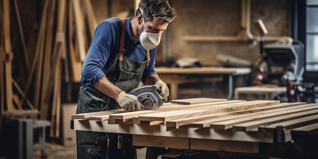 Un charpentier qui travaille dans un atelier de charpenterie confiant