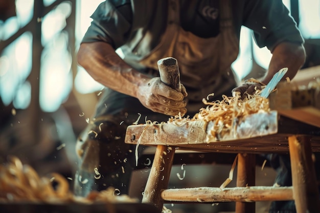 Un charpentier réparant une chaise en bois illustrant les compétences en menuiserie