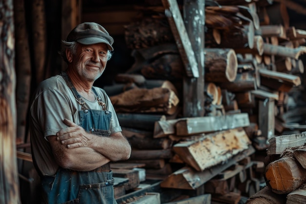 Photo un charpentier se tient content de traverser les mains posant sur le fond flou du moulin à bois